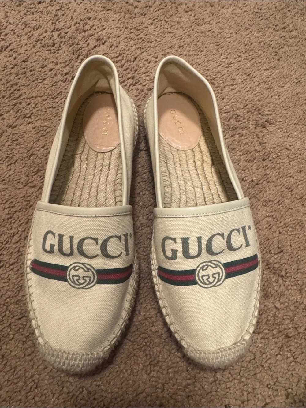 Gucci Natural Canvas Slip-On Espadrilles with Red and Green Web